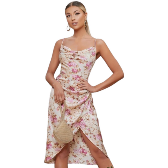 Floral Print Cowl Neck Ruched Spaghetti Strap Satin Slit Party Dress size Med - Picture 8 of 17